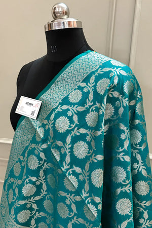 Teal Golden Zari Katan Silk Banarasi Dupatta