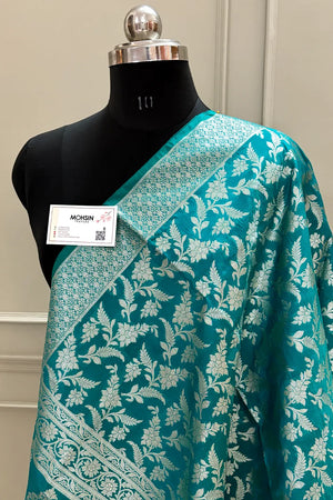 Teal Golden Zari Katan Silk Banarasi Dupatta