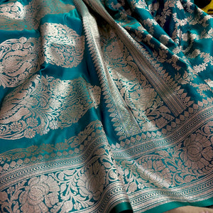 Teal Moglai Jaal Katan Silk Banarasi Saree