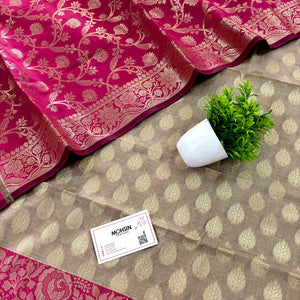 Beige and Pink Gulkan Buti Satin Silk Banarasi Suit