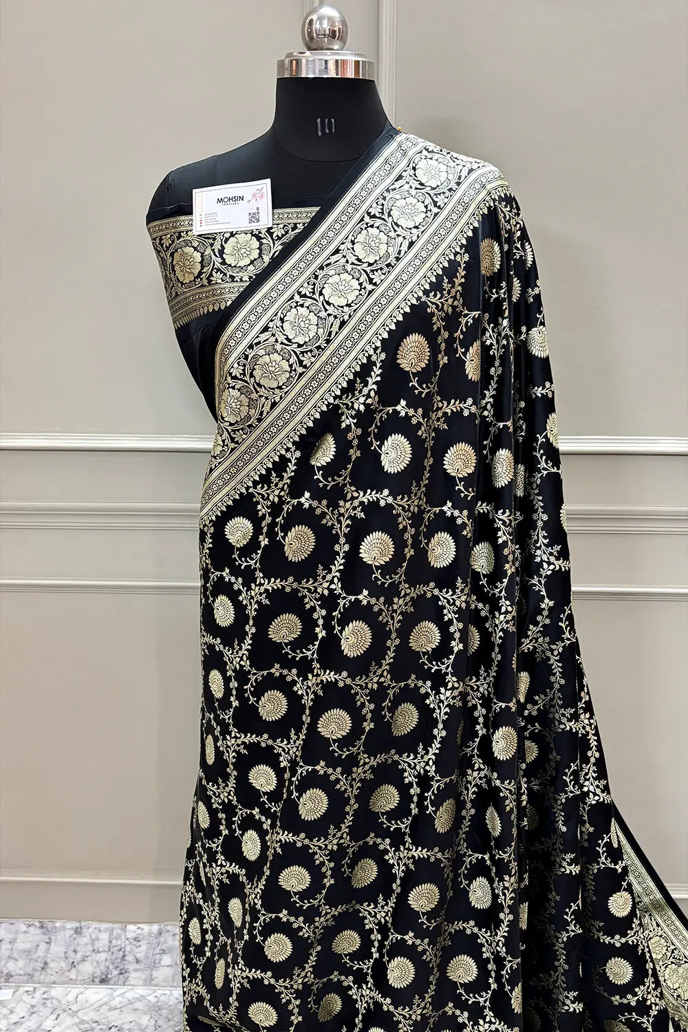 Black Pankhuri Jaal Katan Silk Banarasi Saree
