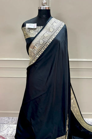 Black Plain Golden Zari Katan Silk Banarasi Saree
