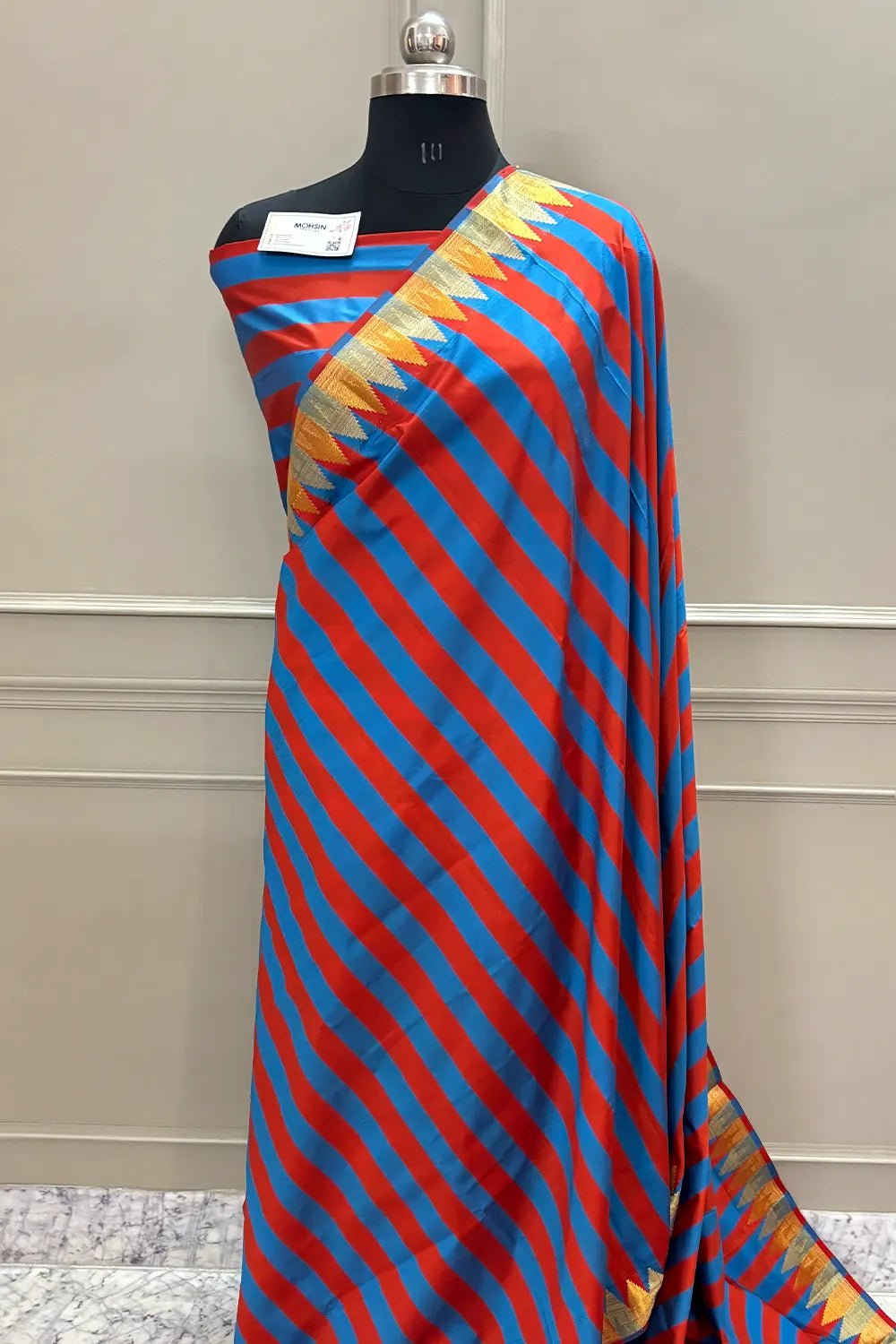 Blue and Red Stripe Plain Satin Silk Banarasi Saree
