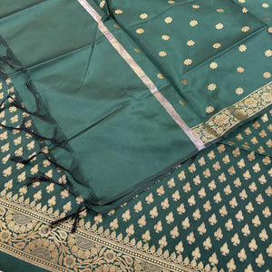 Bottle Green Chidiya Buti Satin Silk Banarasi Suit