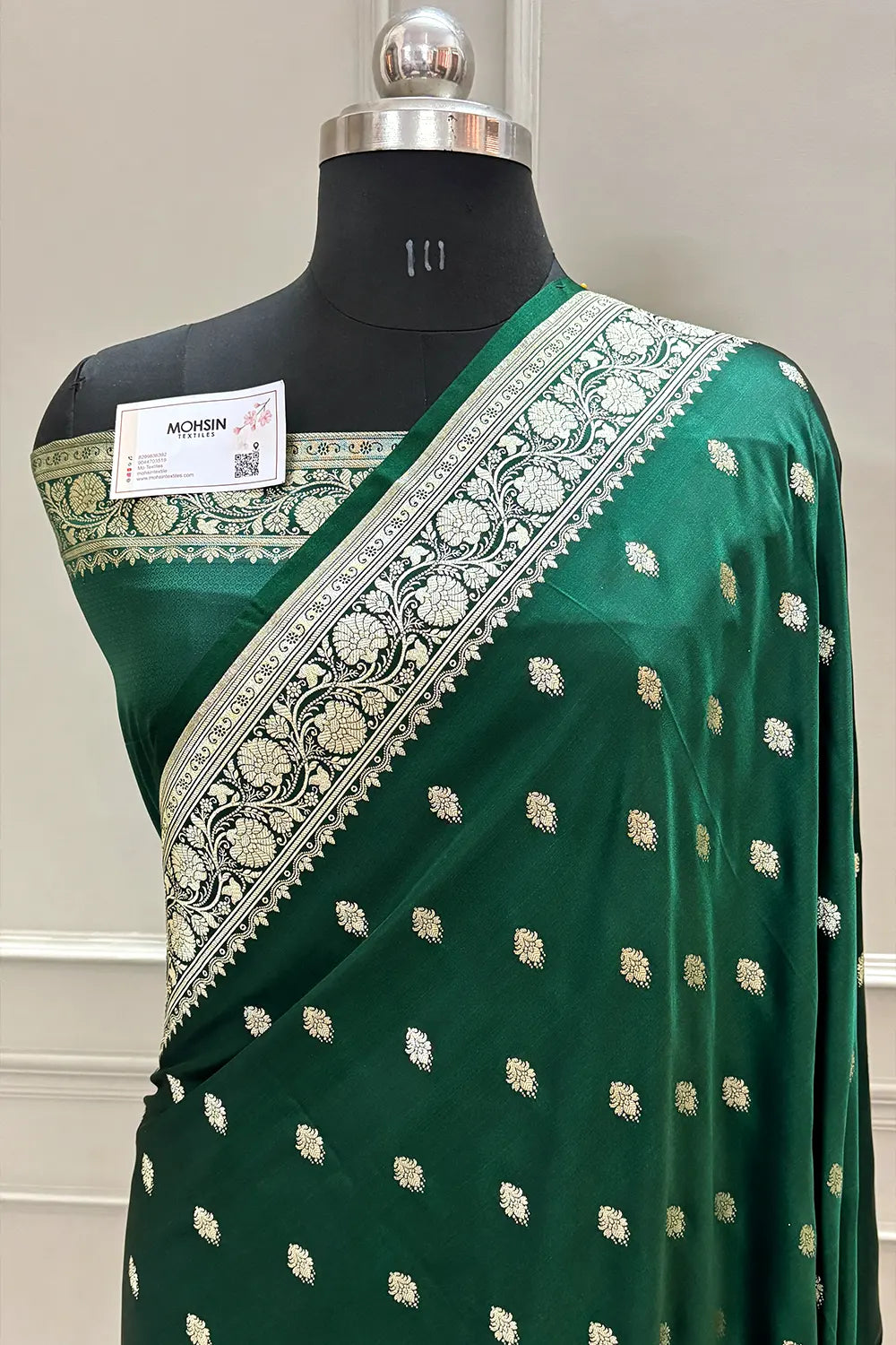 Bottle Green Flying Buti Katan Silk Banarasi Saree