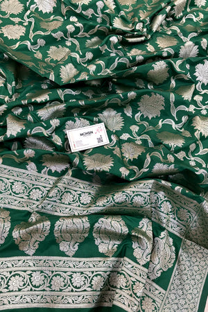 Bottle Green Golden Zari Katan Silk Banarasi Dupatta