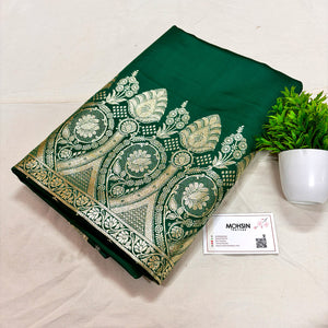 Bottle Green Plain Golden Zari Katan Silk Banarasi Saree