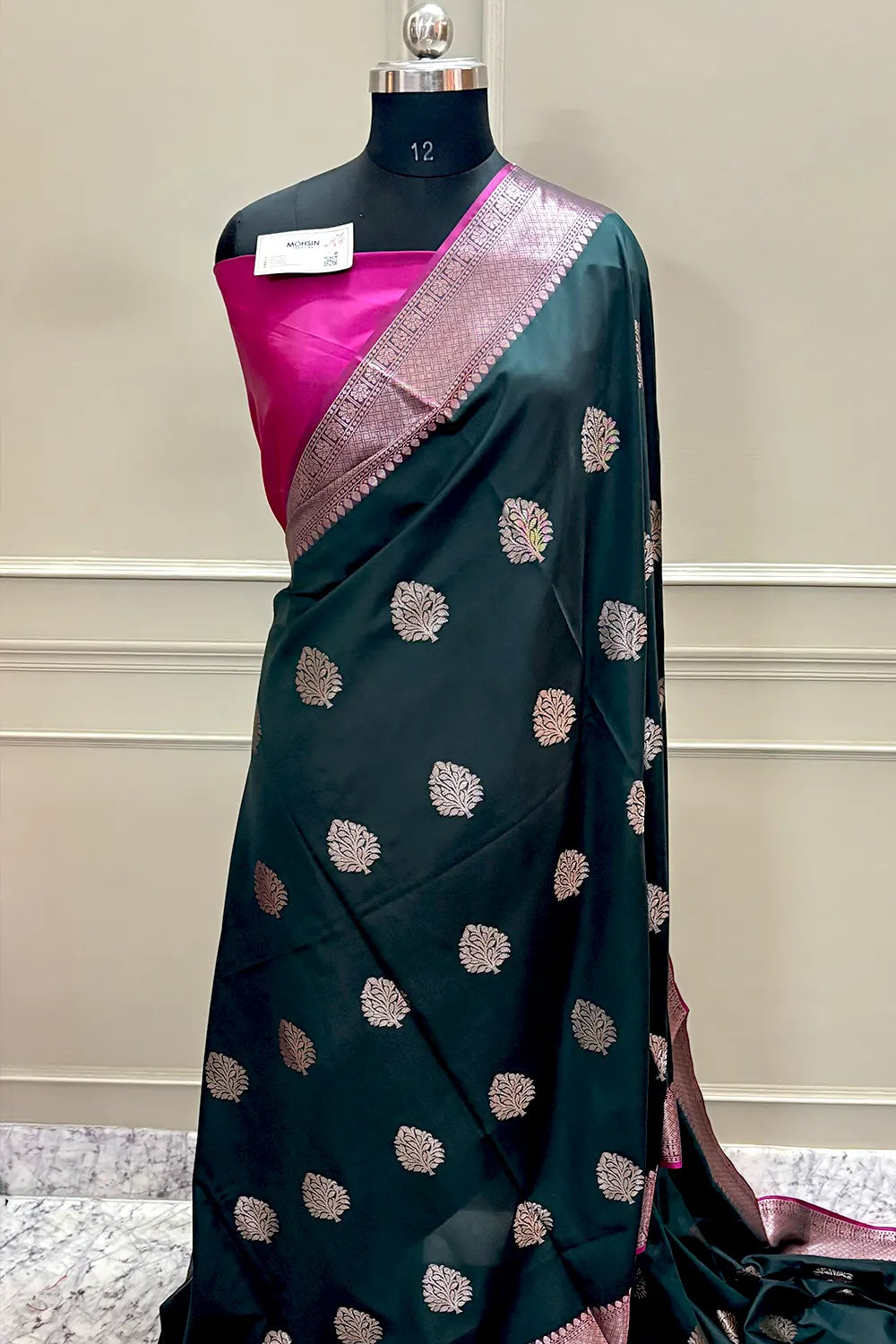 Bottle Green and Pink Golden Zari Banarasi Silk Saree