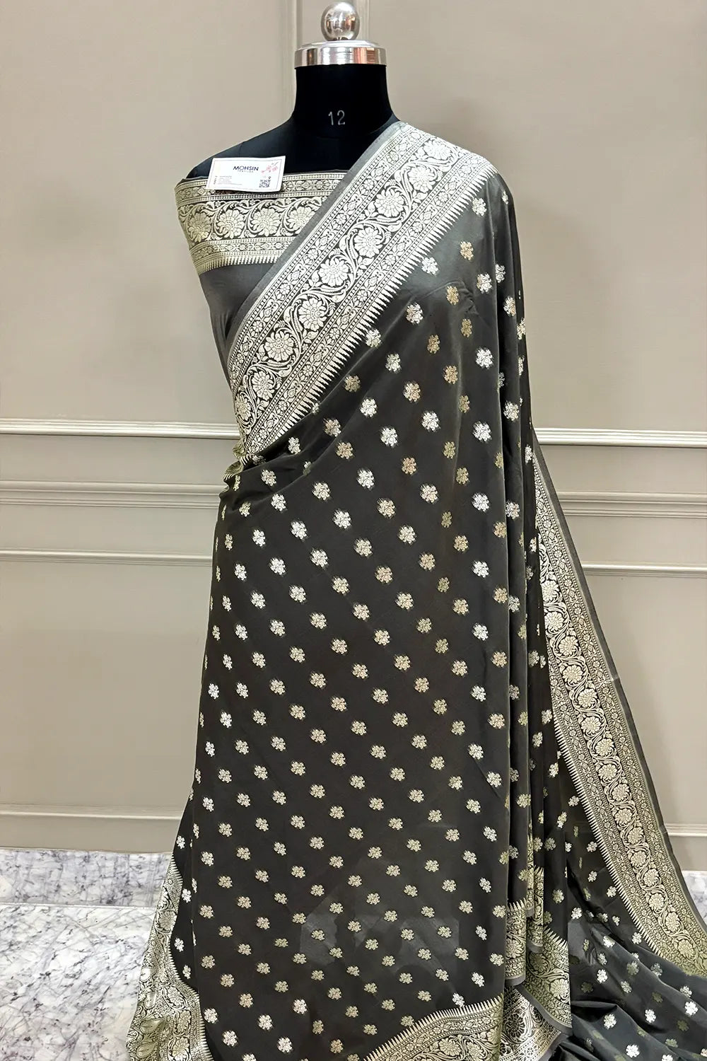 Dark Grey Golden Zari Crepe Silk Banarasi Saree