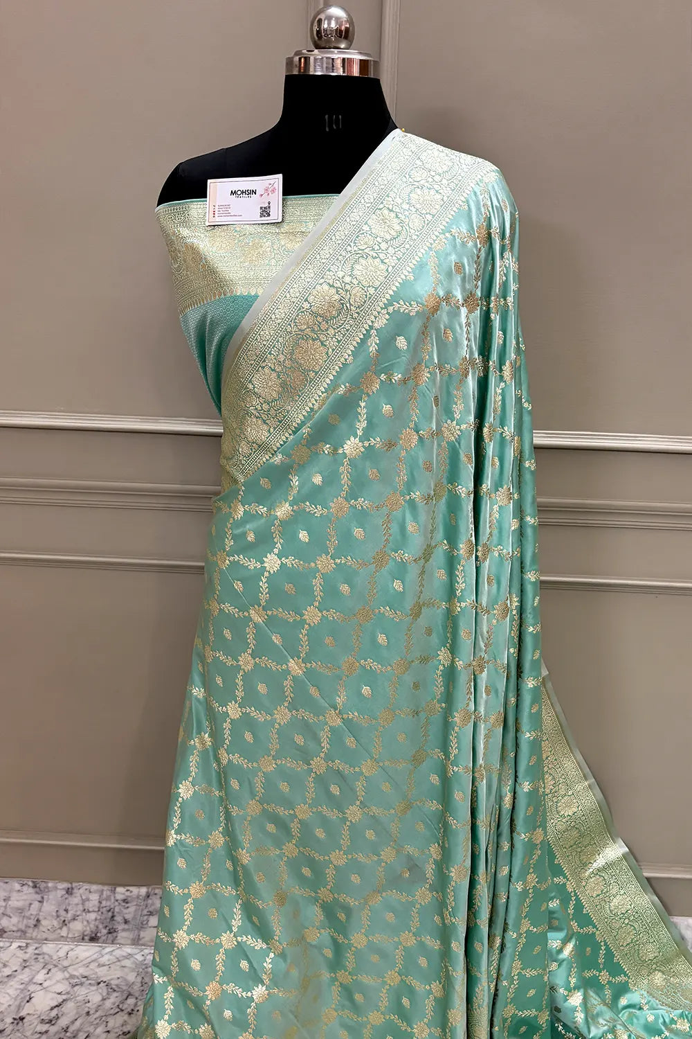 Firozi Qaidi Buti Katan Silk Banarasi Saree