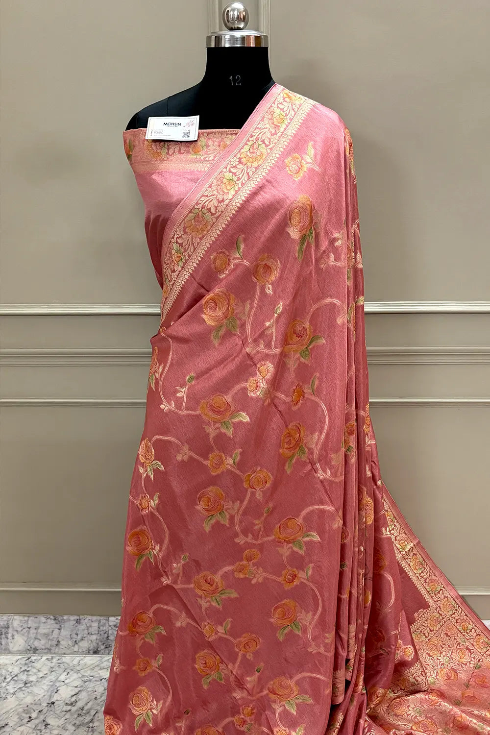 Light Peach Rosy Jaal Georgette Silk Banarasi Saree