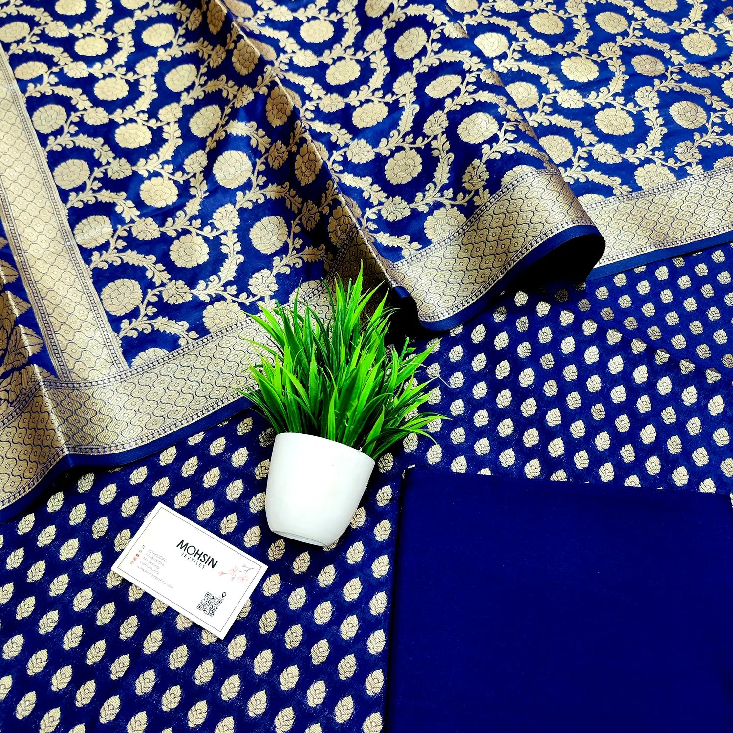 Navy Blue Kalli Buti Katan Silk Banarasi Suit