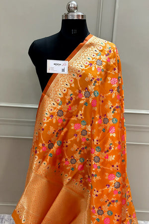 Orange Golden Zari Katan Silk Banarasi Dupatta