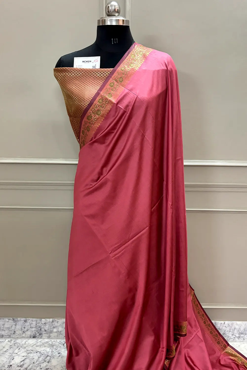 Peach Plain Golden Zari Silky Banarasi Saree