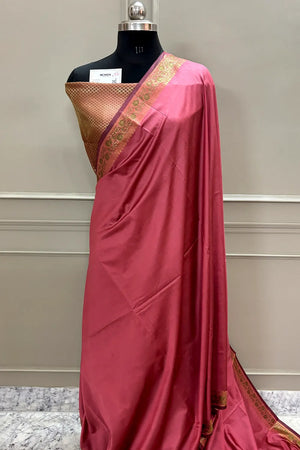 Peach Plain Golden Zari Silky Banarasi Saree