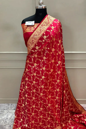 Pinkish Red Jangla Katan Silk Banarasi Saree