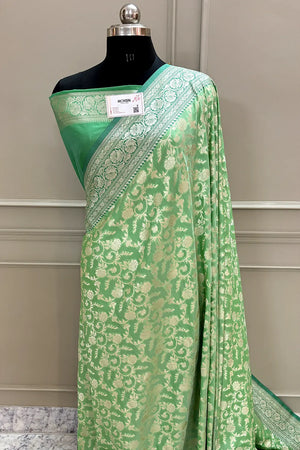 Pista and Sea Green Gulabi Jaal Katan Silk Banarasi Saree