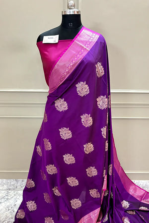 Purple and Pink Golden Zari Banarasi Silk Saree
