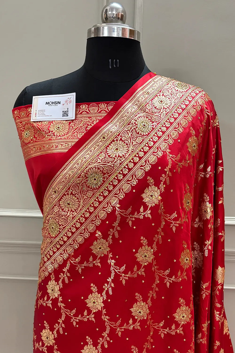 Red Akbari Jaal Stone Work Katan Silk Banarasi Saree