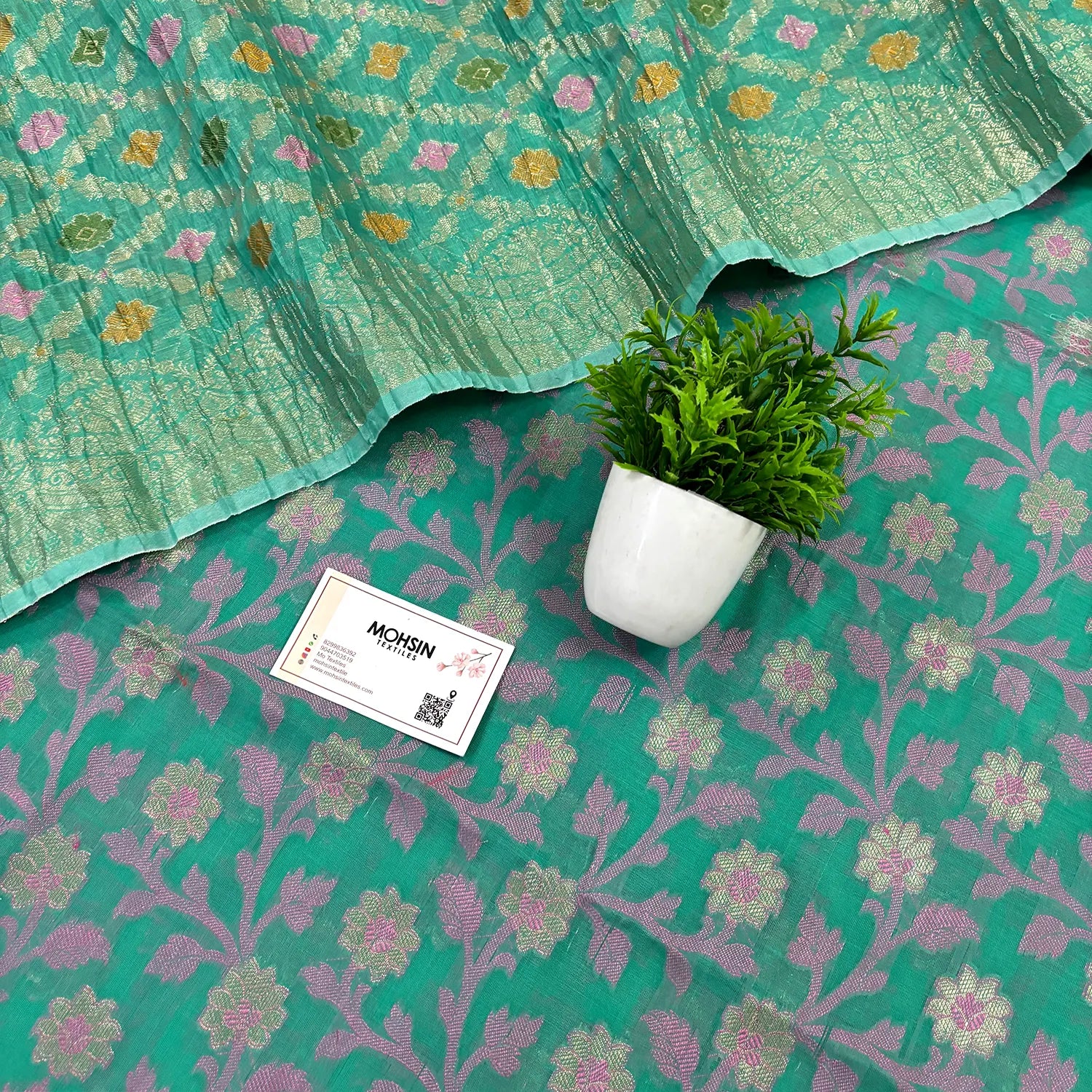 Sea Green Pakki Jaal Crush Cotton Silk Banarasi Suit