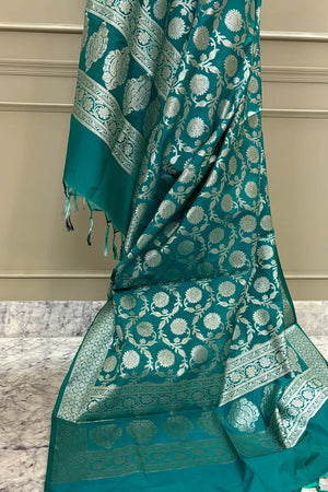 Teal Golden Zari Katan Silk Banarasi Dupatta