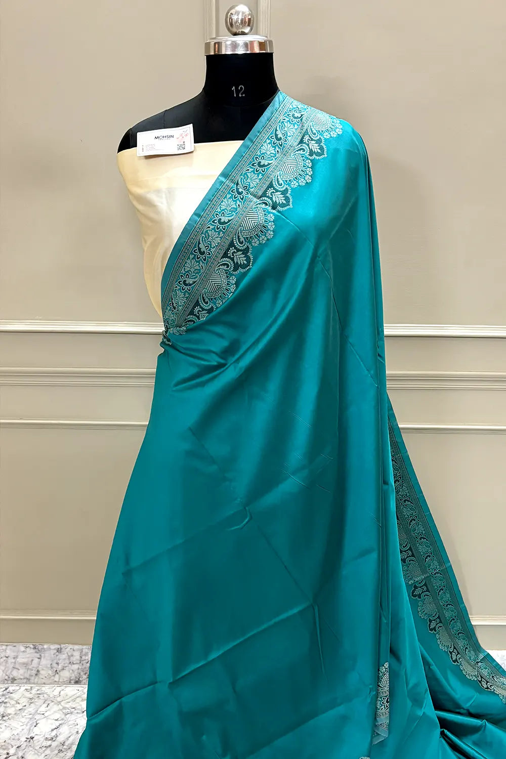 Teal and Beige Plain Resham Silk Banarasi Saree
