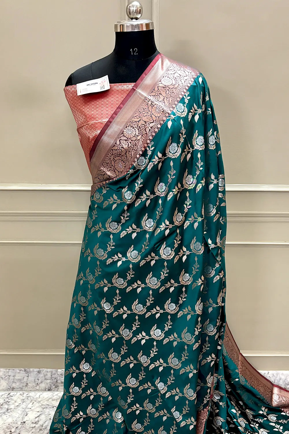 Teal and Red Golden Zari Banarasi Silk Saree
