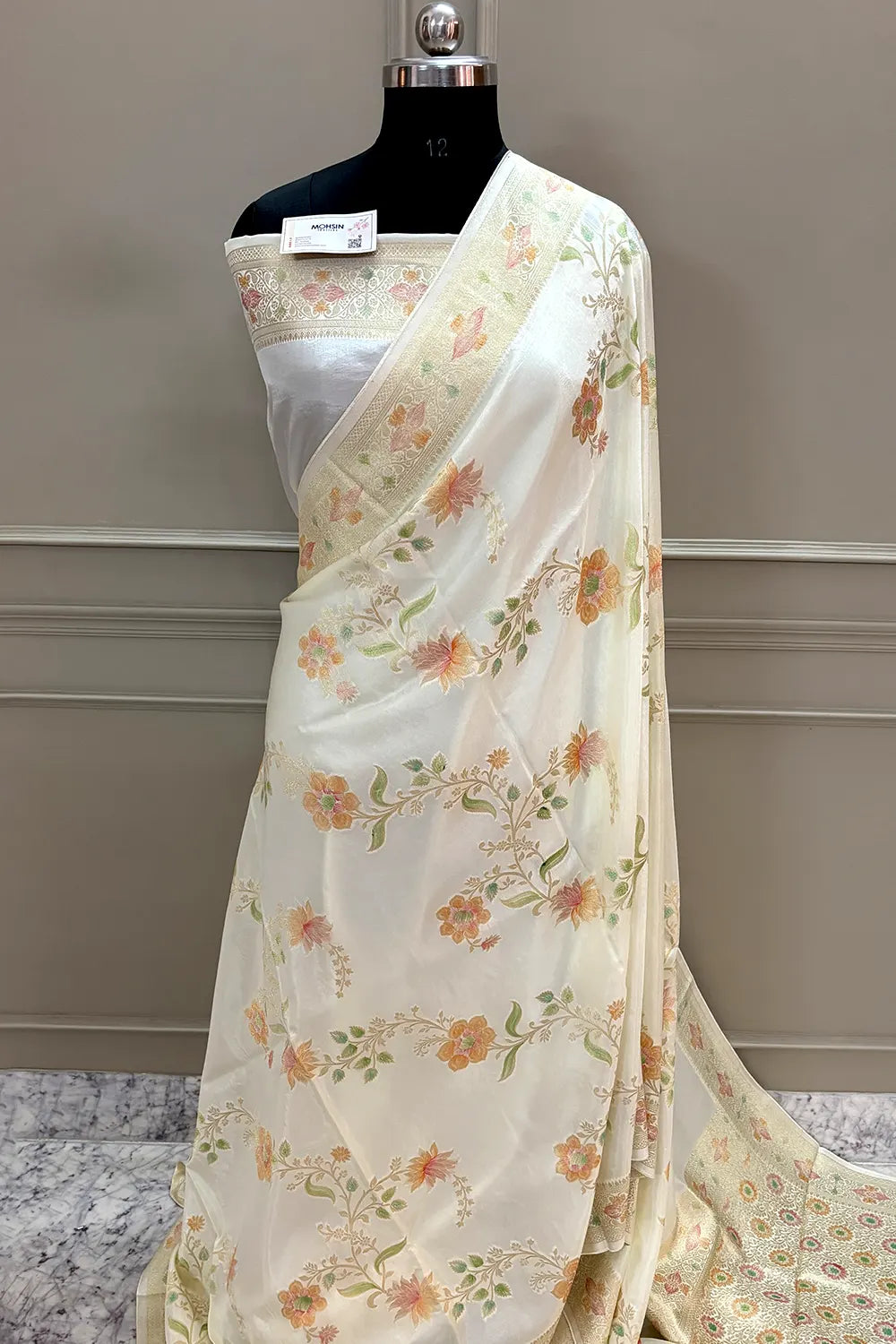 White Shakahari Jaal Georgette Silk Banarasi Saree