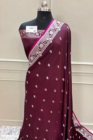 Wine Babri Buti Katan Silk Banarasi Saree