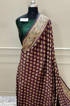 Wine and Green Resham Zari Silky Banarasi Saree