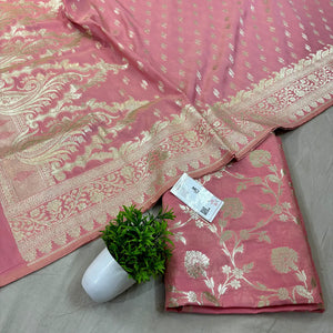 Baby Pink Golden Zari Katan Silk Banarasi Suit