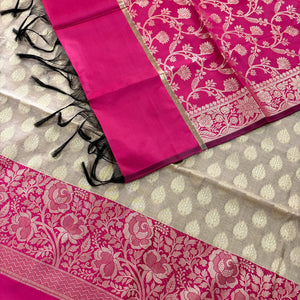 Beige and Pink Gulkan Buti Satin Silk Banarasi Suit
