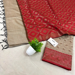 Beige and Red Patti Jaal Banarasi Silk Suit