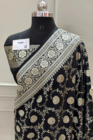 Black Pankhuri Jaal Katan Silk Banarasi Saree