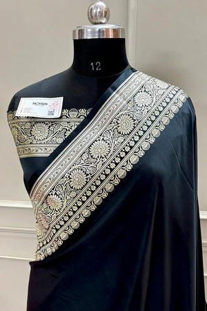 Black Plain Golden Zari Katan Silk Banarasi Saree