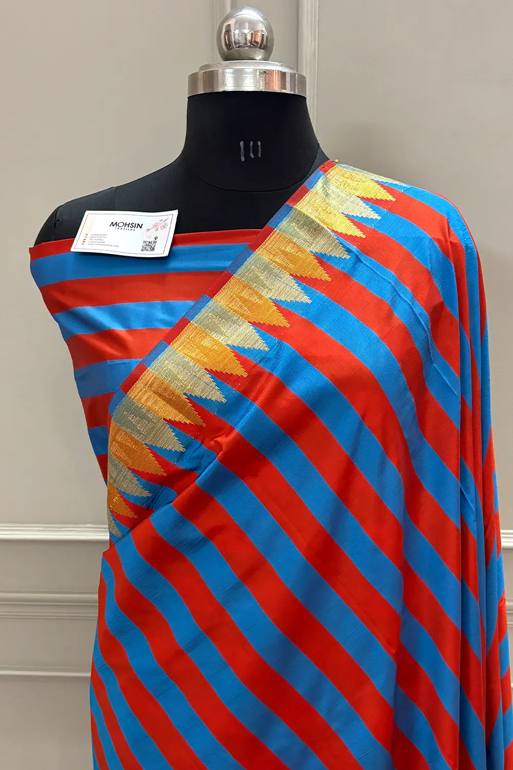 Blue and Red Stripe Plain Satin Silk Banarasi Saree