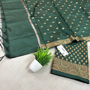 Bottle Green Chidiya Buti Satin Silk Banarasi Suit
