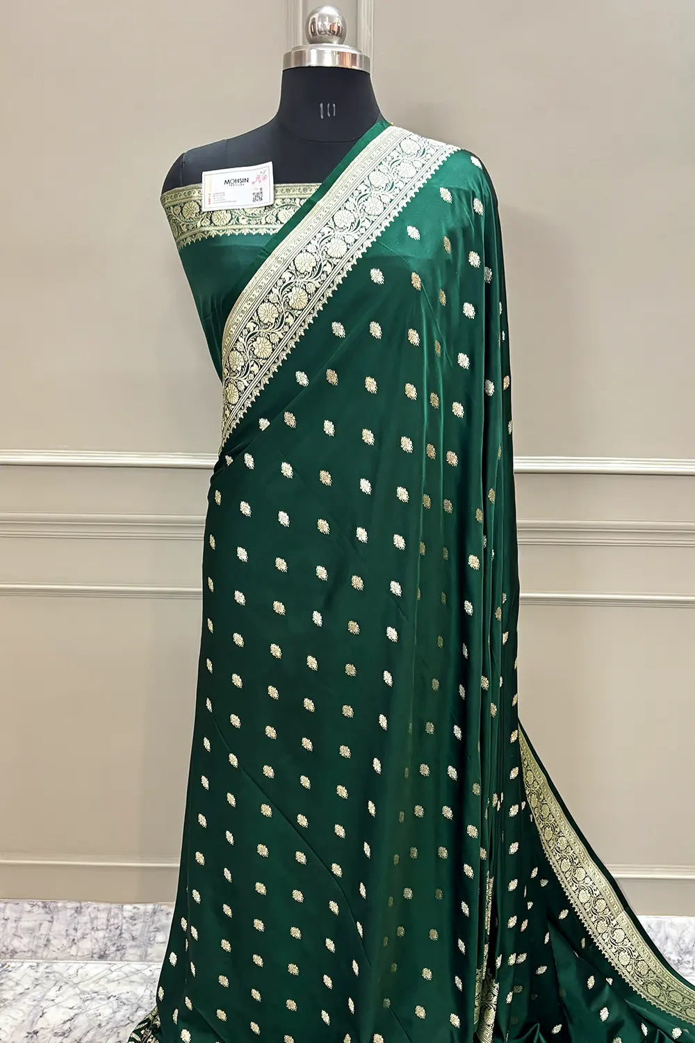 Bottle Green Flying Buti Katan Silk Banarasi Saree