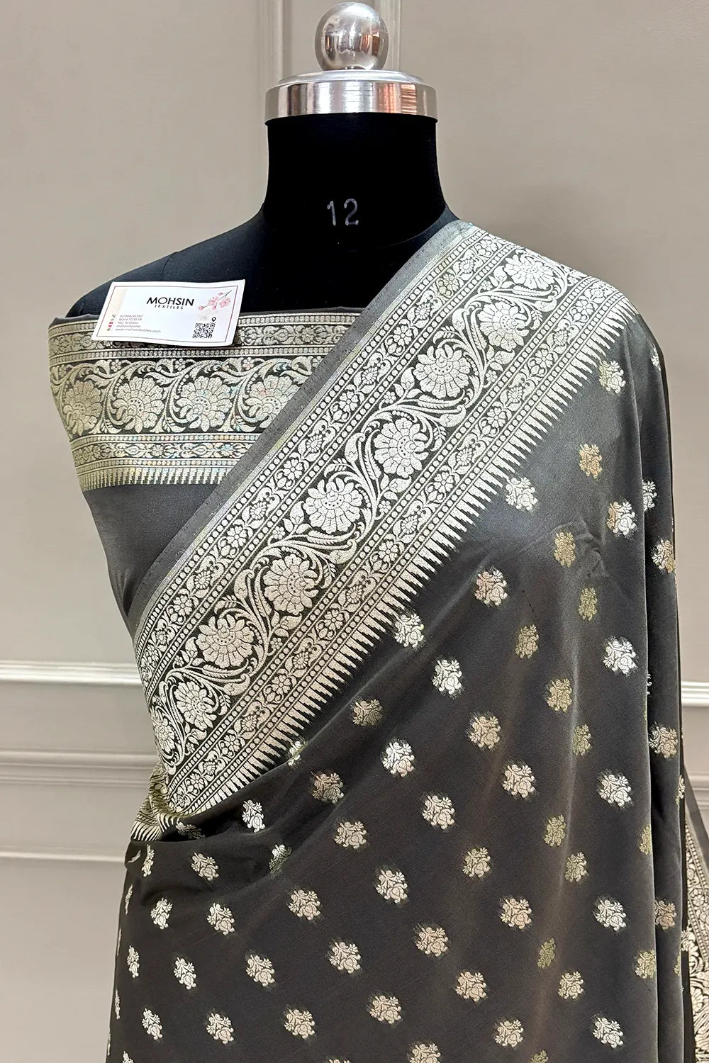 Dark Grey Golden Zari Crepe Silk Banarasi Saree