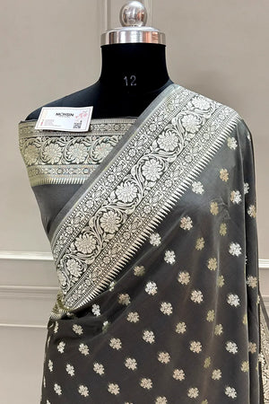 Dark Grey Golden Zari Crepe Silk Banarasi Saree