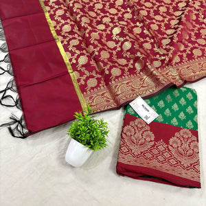 Green and Maroon Podha Satin Silk Banarasi Suit