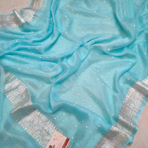 Light Firozi Chunri Georgette Silk Banarasi Dupatta