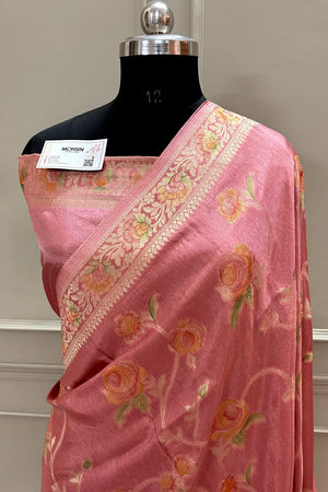 Light Peach Rosy Jaal Georgette Silk Banarasi Saree