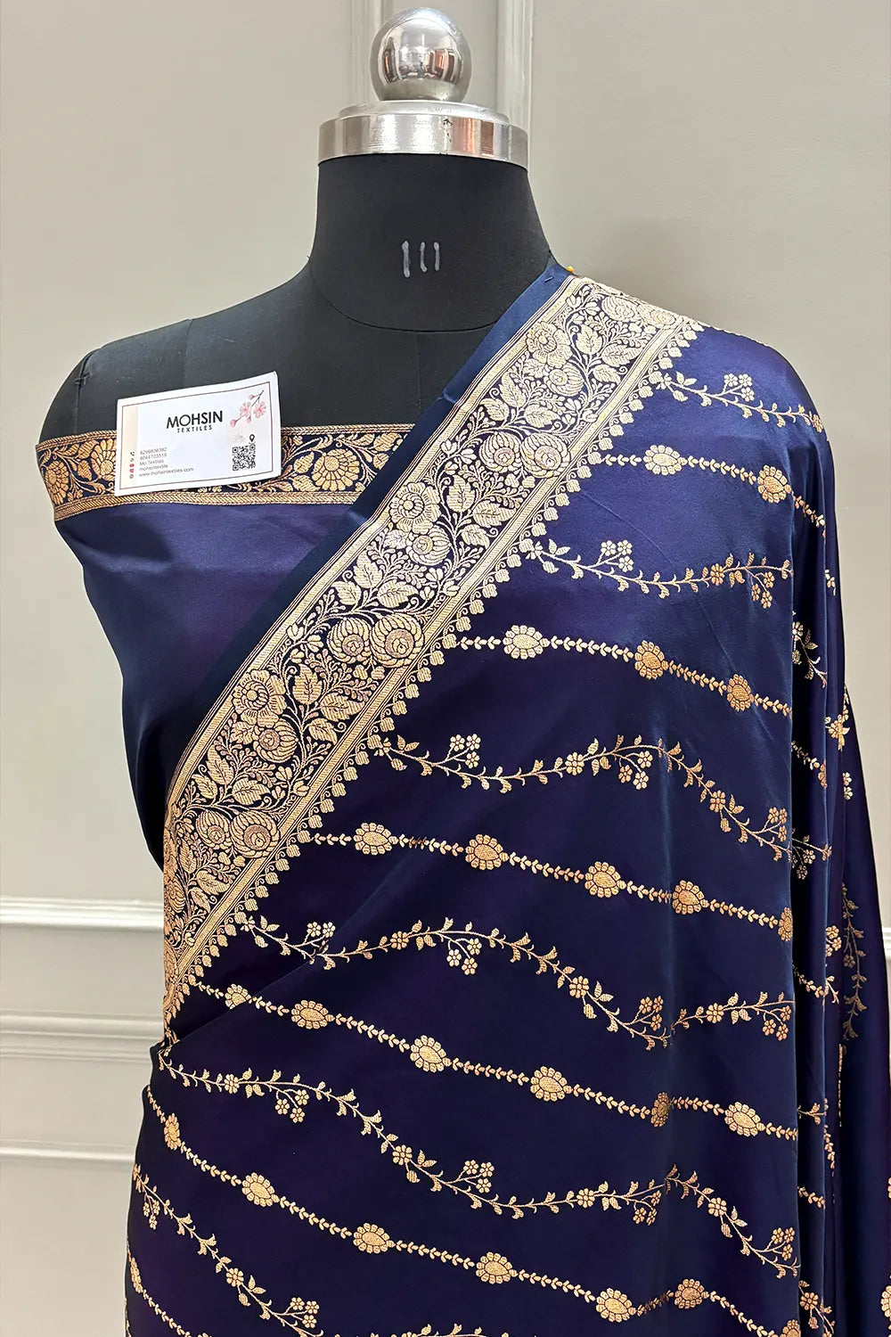 Navy Blue Sunehri Lehar Katan Silk Banarasi Saree