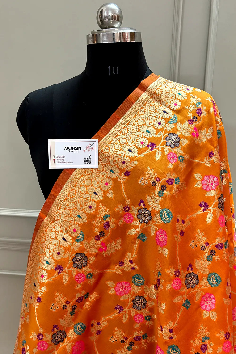 Orange Golden Zari Katan Silk Banarasi Dupatta