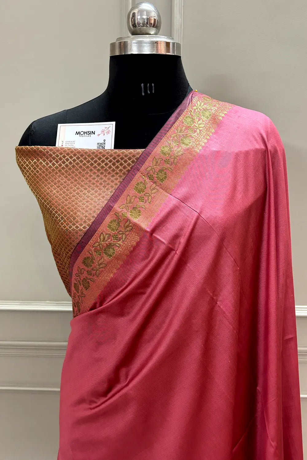 Peach Plain Golden Zari Silky Banarasi Saree