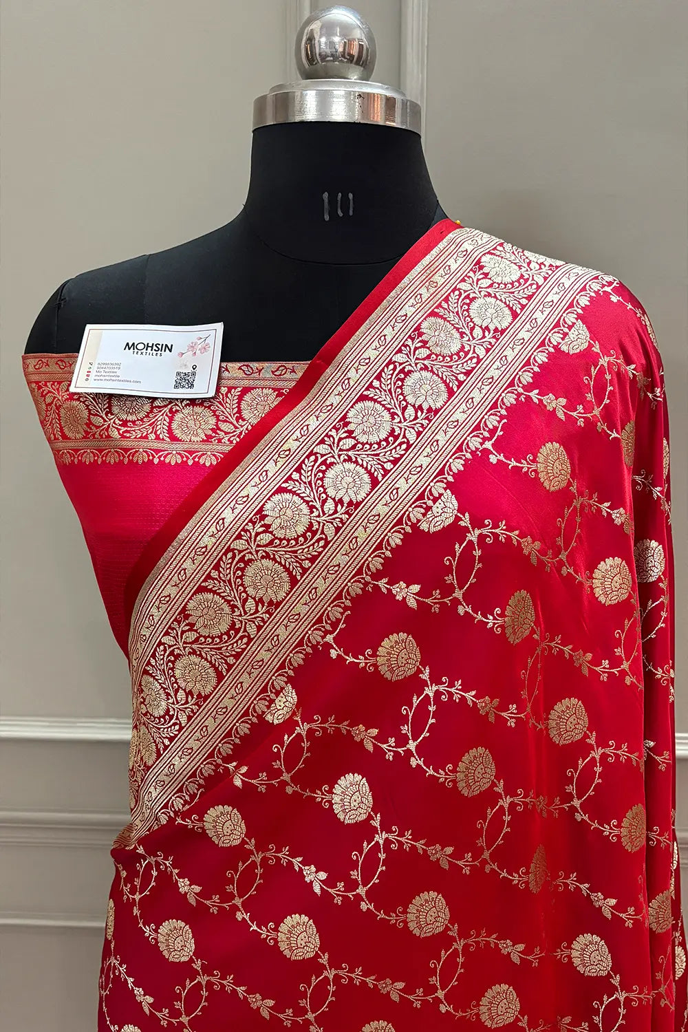Pinkish Red Ropeway Jaal Katan Silk Banarasi Saree
