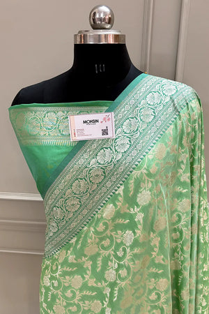 Pista and Sea Green Gulabi Jaal Katan Silk Banarasi Saree