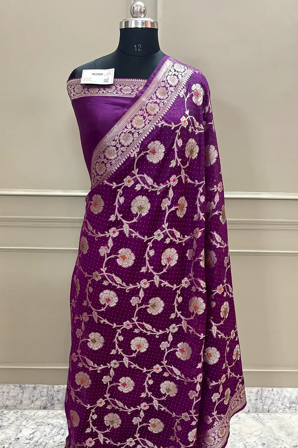 Purple Golden Zari Siroski Stone Georgette Silk Banarasi Saree