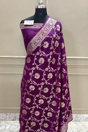 Purple Golden Zari Siroski Stone Georgette Silk Banarasi Saree